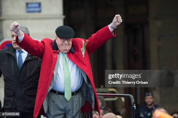 France's far-right political party Front National founder, Jean-Marie Le Pen honors Jeanne d'Arc "The Maid of Orléans" during a speech on May 1, 2017...