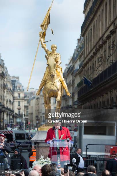France's far-right political party Front National founder, Jean-Marie Le Pen honors Jeanne d'Arc "The Maid of Orléans" during a speech on May 1, 2017...