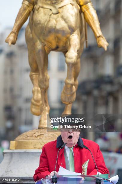 France's far-right political party Front National founder, Jean-Marie Le Pen honors Jeanne d'Arc "The Maid of Orléans" during a speech on May 1, 2017...