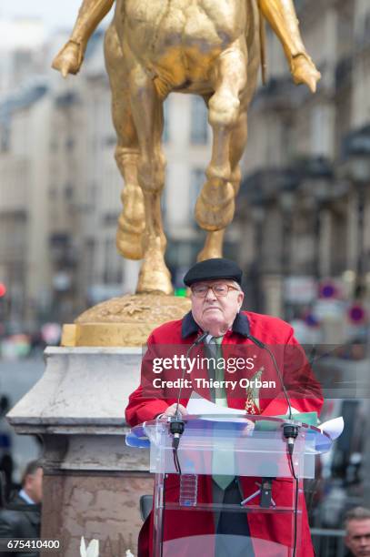 France's far-right political party Front National founder, Jean-Marie Le Pen honors Jeanne d'Arc "The Maid of Orléans" during a speech on May 1, 2017...