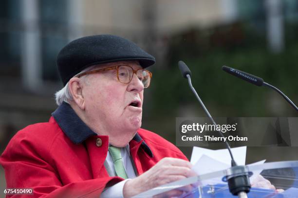 France's far-right political party Front National founder, Jean-Marie Le Pen honors Jeanne d'Arc "The Maid of Orléans" during a speech on May 1, 2017...