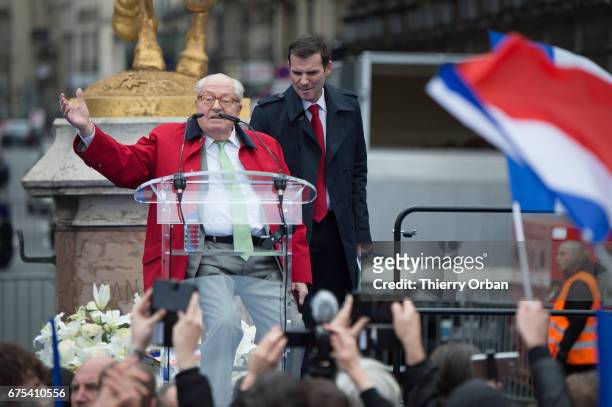 France's far-right political party Front National founder, Jean-Marie Le Pen honors Jeanne d'Arc "The Maid of Orléans" during a speech on May 1, 2017...