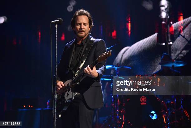 Inductee Eddie Vedder of Pearl Jam speaks onstage during the 32nd Annual Rock & Roll Hall Of Fame Induction Ceremony at Barclays Center on April 7,...