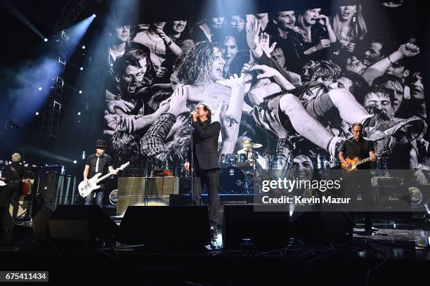 Inductee Eddie Vedder of Pearl Jam performs onstage during the 32nd Annual Rock & Roll Hall Of Fame Induction Ceremony at Barclays Center on April 7,...