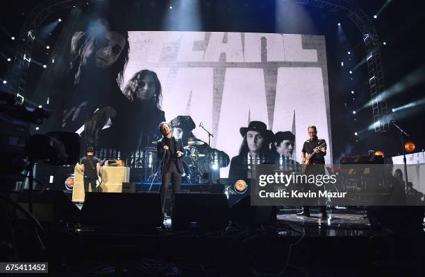 Inductee Eddie Vedder of Pearl Jam performs onstage during the 32nd Annual Rock & Roll Hall Of Fame Induction Ceremony at Barclays Center on April 7,...