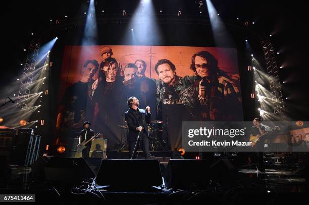 Inductee Eddie Vedder of Pearl Jam performs onstage during the 32nd Annual Rock & Roll Hall Of Fame Induction Ceremony at Barclays Center on April 7,...