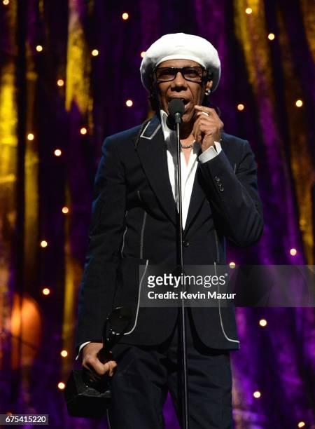 Inductee Nile Rodgers speaks onstage during the 32nd Annual Rock & Roll Hall Of Fame Induction Ceremony at Barclays Center on April 7, 2017 in New...