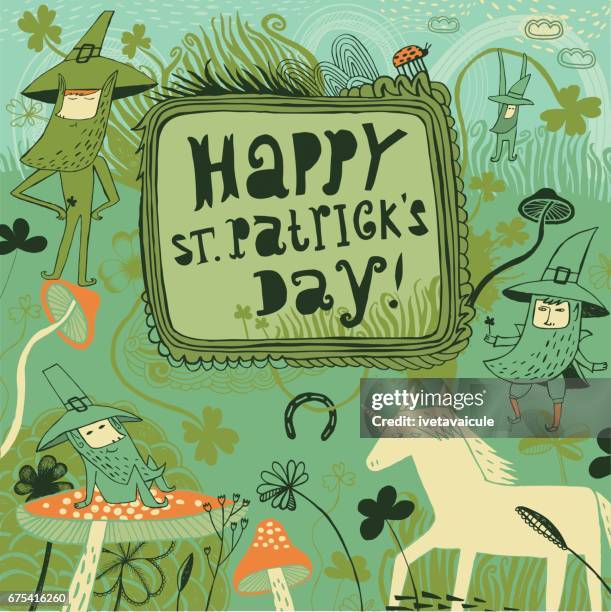 ilustraciones, imágenes clip art, dibujos animados e iconos de stock de diseño del día de st patricks con duende y otros encantos de buena suerte - letra a con flores vector a