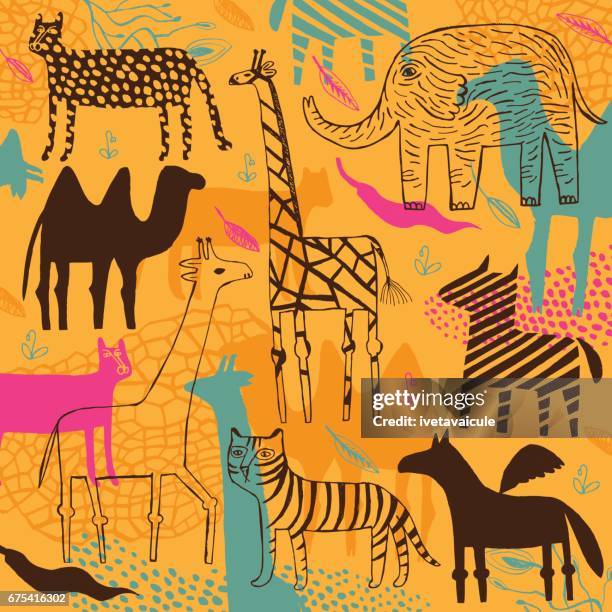 stockillustraties, clipart, cartoons en iconen met zebra, kameel, leopard, panter, olifant en de giraffe patroon - luipaardprint