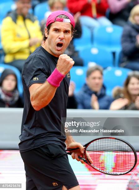 Tommy Haas of Germany celebrates victory after winning his first round match against Sergiy Stakhovsky of Ukraine during for the 102. BMW Open by FWU...