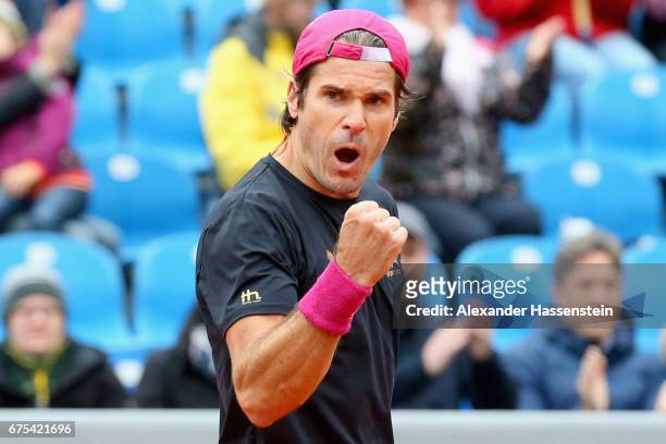 Tommy Haas of Germany celebrates victory after winning his first round match against Sergiy Stakhovsky of Ukraine during for the 102. BMW Open by FWU...
