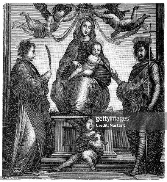 bartholomew, madonna with the child in the throne and saints - st. catherine stock illustrations