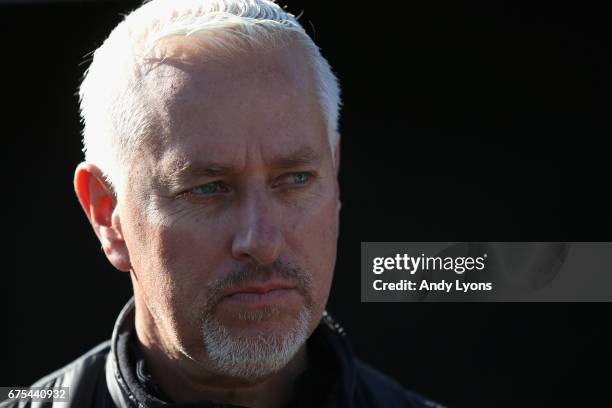 Todd Pletcher the trainer of Always Dreaming, Patch and Tapwirit talks to the media in the barn area during the morning training for the Kentucky...