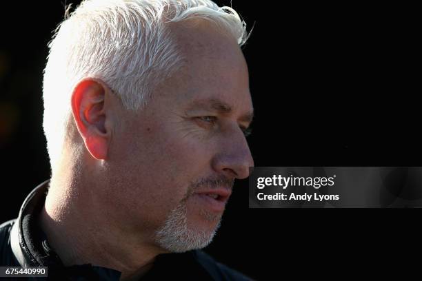 Todd Pletcher the trainer of Always Dreaming, Patch and Tapwirit talks to the media in the barn area during the morning training for the Kentucky...