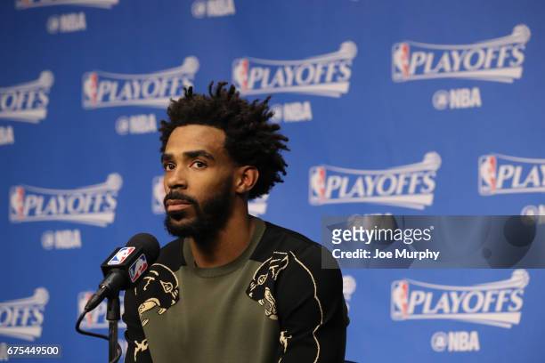 Mike Conley of the Memphis Grizzlies talks to the media during a press conference after Game Six of the Western Conference Quarterfinals against the...