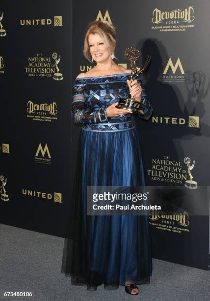 Personality Mary Hart attends the press room for the 44th annual Daytime Emmy Awards at Pasadena Civic Auditorium on April 30, 2017 in Pasadena,...