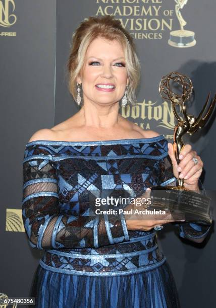 Personality Mary Hart attends the press room for the 44th annual Daytime Emmy Awards at Pasadena Civic Auditorium on April 30, 2017 in Pasadena,...