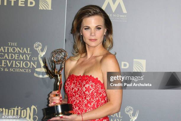 Actress Gina Tognoni attends the press room for the 44th annual Daytime Emmy Awards at Pasadena Civic Auditorium on April 30, 2017 in Pasadena,...