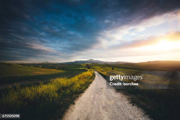 val d'orcia landschaft - dirt road landscape sunset stock-fotos und bilder