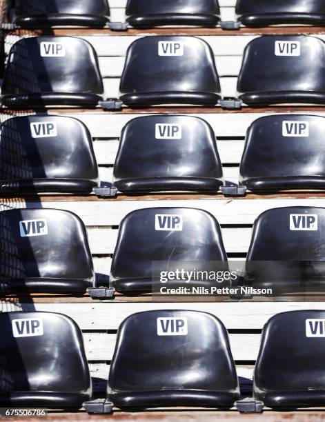 Seats at the arena during the Allsvenskan match between IK Sirius FK and Jonkopings Sodra IF at Studenternas IP on May 1, 2017 in Uppsala, Sweden.