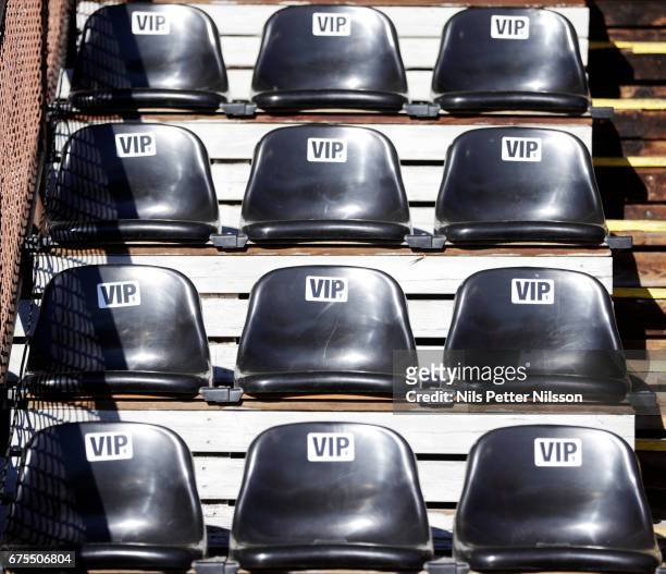 Seats at the arena during the Allsvenskan match between IK Sirius FK and Jonkopings Sodra IF at Studenternas IP on May 1, 2017 in Uppsala, Sweden.
