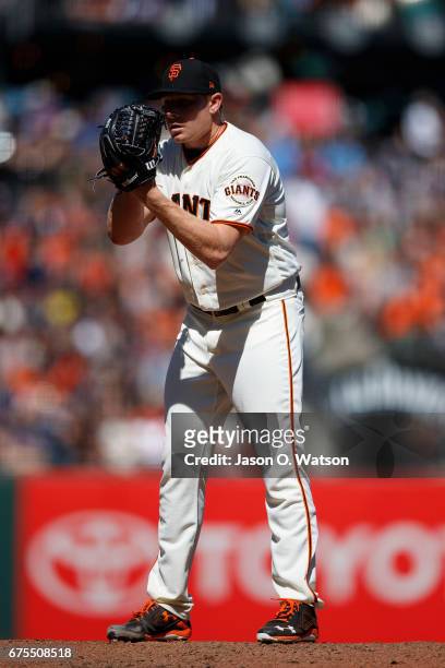 Mark Melancon of the San Francisco Giants stands on the pitchers mound against the San Diego Padres during the ninth inning at AT&T Park on April 30,...