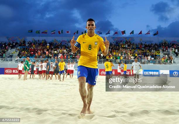 Bruno Xavier of Brazil leaves the pitch atfter winning the FIFA Beach Soccer World Cup Bahamas 2017 group D match between Poland and Brazil at...