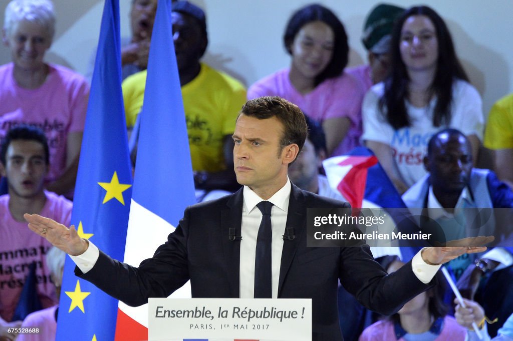 Presidential Candidate Emmanuel Macron Holds A Rally Meeting At Paris Event Center