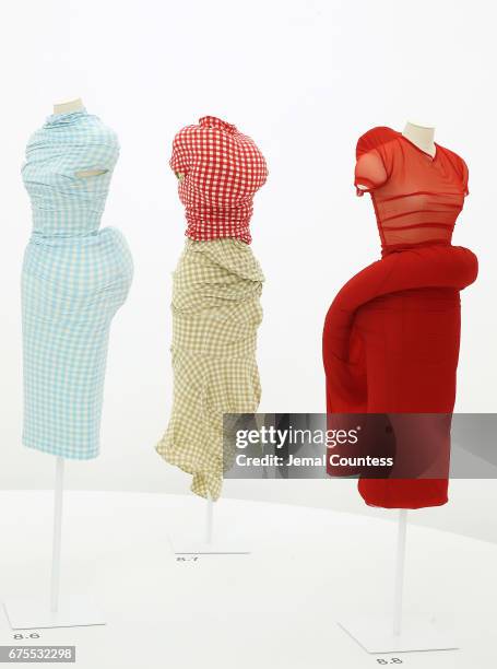 Designs by Rei Kawakubo on display at the "Rei Kawakubo/Comme des Garcons: Art Of The In-Between" Costume Institute Gala Press Preview at...