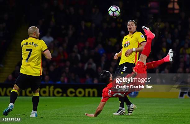 Emre Can of Liverpool scores the opening goal during the Premier League match between Watford and Liverpool at Vicarage Road on May 1, 2017 in...