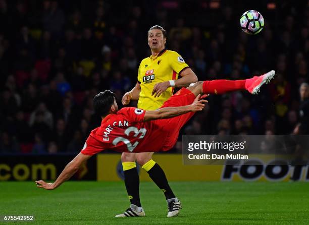 Emre Can of Liverpool scores the opening goal during the Premier League match between Watford and Liverpool at Vicarage Road on May 1, 2017 in...