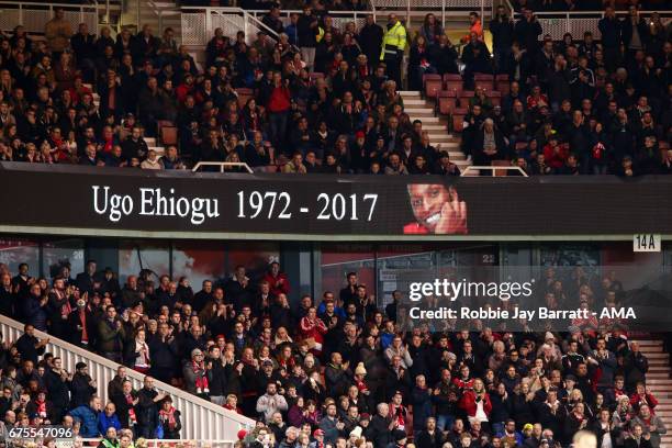 Middlesbrough pay their tribute to the late Ugo Ehiogu during the Premier League match between Middlesbrough and Sunderland at Riverside Stadium on...