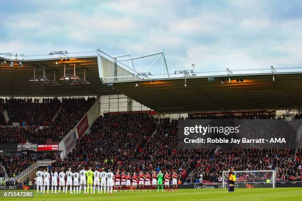 Both teams pay they respects to the late Ugo Ehiogu during the Premier League match between Middlesbrough and Sunderland at Riverside Stadium on...