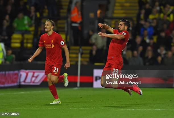 Emre Can Celebrates his goal for Liverpool during the Premier League match between Watford and Liverpool at Vicarage Road on May 1, 2017 in Watford,...