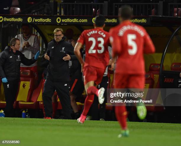 Emre Can Celebrates his goal for Liverpool during the Premier League match between Watford and Liverpool at Vicarage Road on May 1, 2017 in Watford,...