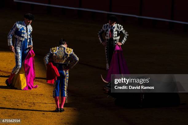 Bullfighter Rivera Ordonez 'Paquirri' performs with a Daniel Ruiz ranch fighting bull at La Maestranza bullring on the second day of La feria de...