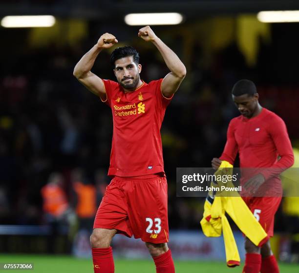 Emre Can of Liverpool celebrates after winning at the end of the Premier League match between Watford and Liverpool at Vicarage Road on May 1, 2017...