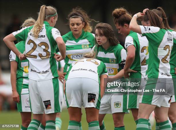 Ellie Curson of Yeovil encourages her team mates during the FA WSL 1 match between Chelsea Ladies and Yeovil Town Ladies at Wheatsheaf Park on April...