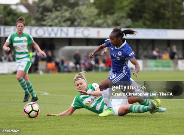 Crystal Dunn of Chelsea gets past a tackle from Hannah Short of Yeovil during the FA WSL 1 match between Chelsea Ladies and Yeovil Town Ladies at...