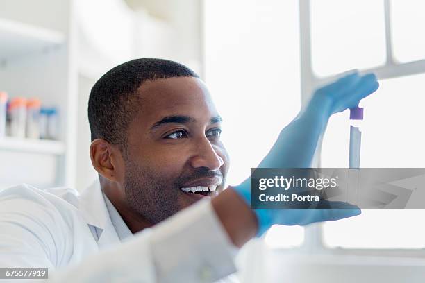 smiling chemist holding test tube at laboratory - glory tube 個照片及圖片檔