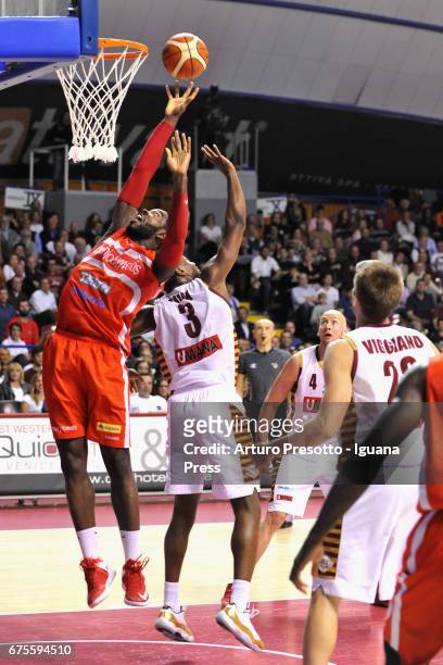 Anosike of Openjobmetis competes with Melvin Ejim and Hrvoje Peric and Jeff Viggiano of Umana during the LegaBasket of Serie A1 match between Reyer...