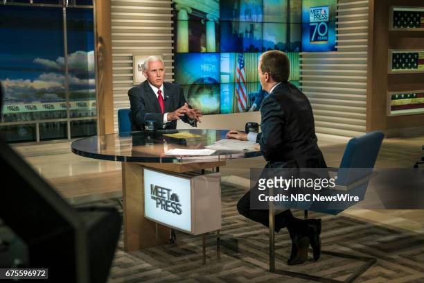 Pictured: ? U.S. Vice President Mike Pence, and moderator Chuck Todd appear on "Meet the Press" in Washington, D.C., Sunday, April 30, 2017.