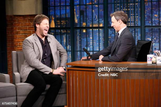 Episode 520 -- Pictured: Actor Ike Barinholtz during an interview with host Seth Meyers on May 1, 2017 --