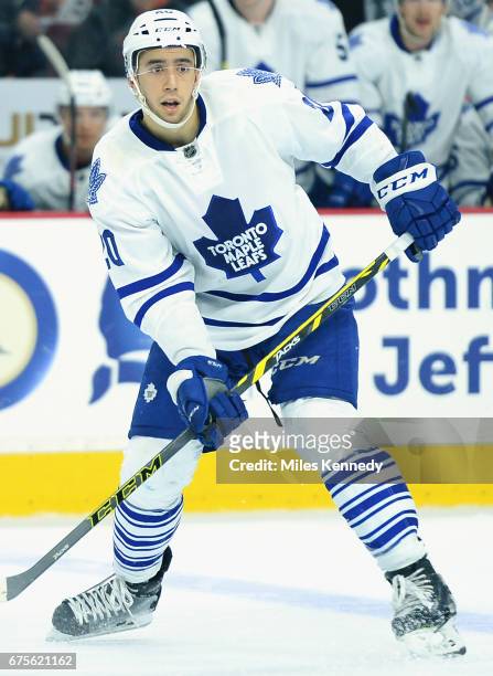 Frank Corrado of the Toronto Maple Leafs plays in the game against the Philadelphia Flyers at Wells Fargo Center on April 7, 2016 in Philadelphia,...