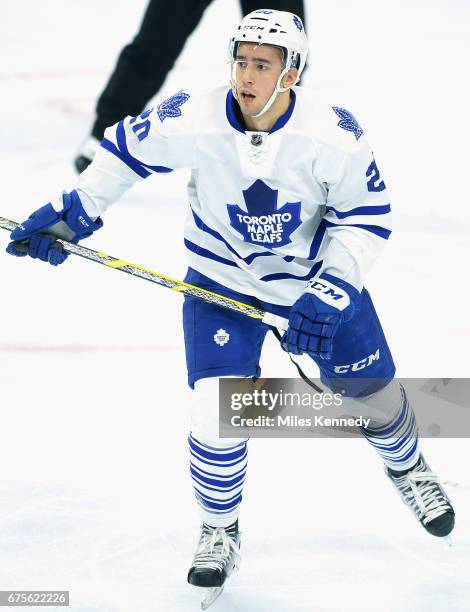 Frank Corrado of the Toronto Maple Leafs plays in the game against the Philadelphia Flyers at Wells Fargo Center on April 7, 2016 in Philadelphia,...