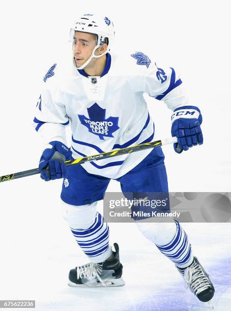 Frank Corrado of the Toronto Maple Leafs plays in the game against the Philadelphia Flyers at Wells Fargo Center on April 7, 2016 in Philadelphia,...