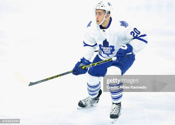 Frank Corrado of the Toronto Maple Leafs plays in the game against the Philadelphia Flyers at Wells Fargo Center on April 7, 2016 in Philadelphia,...