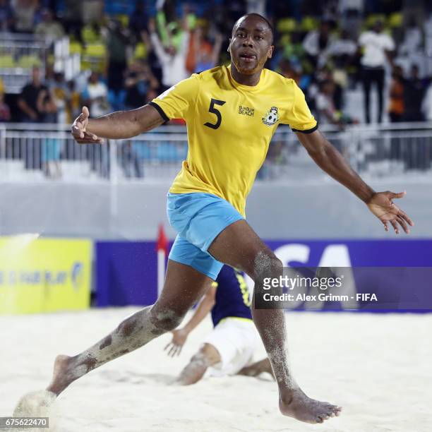 Kyle Williams of Bahamas celebrates a goal during the FIFA Beach Soccer World Cup Bahamas 2017 group A match between Bahamas and Ecuador at National...