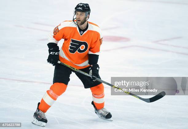 Samuel Morin of the Philadelphia Flyers plays in the game against the Tampa Bay Lightning at Wells Fargo Center on April 7, 2016 in Philadelphia,...