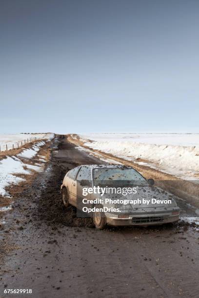 dirt road car problems vertical - snow melting on car stock pictures, royalty-free photos & images